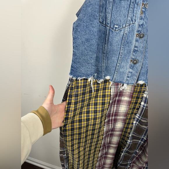 Free People Midi Dress Medium One Of A Kind Denim Mixtape Vest Plaid Front Slit - Picture 4 of 8